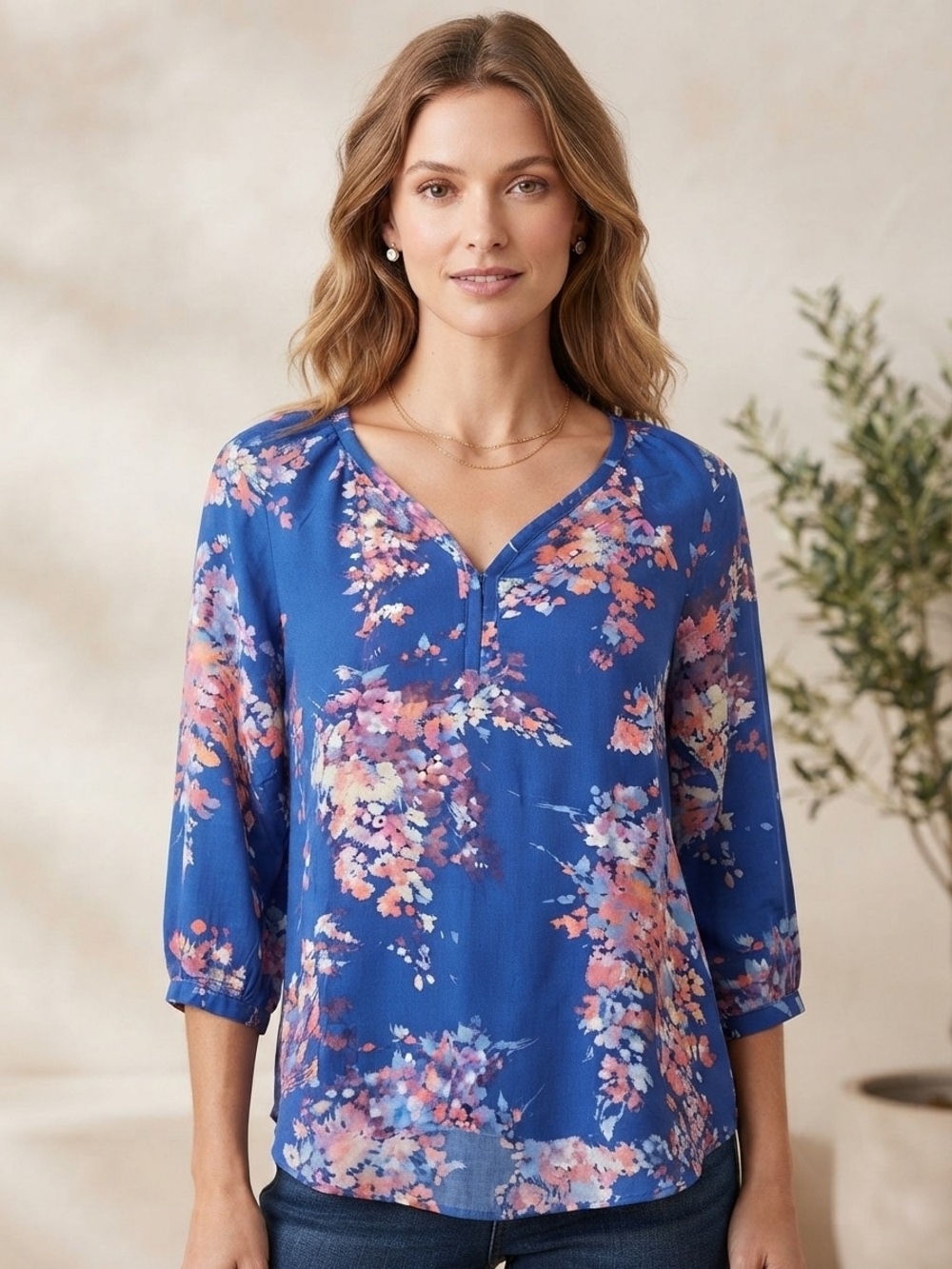 St. John's Bay - Royal Blue Floral Split-Neck Blouse